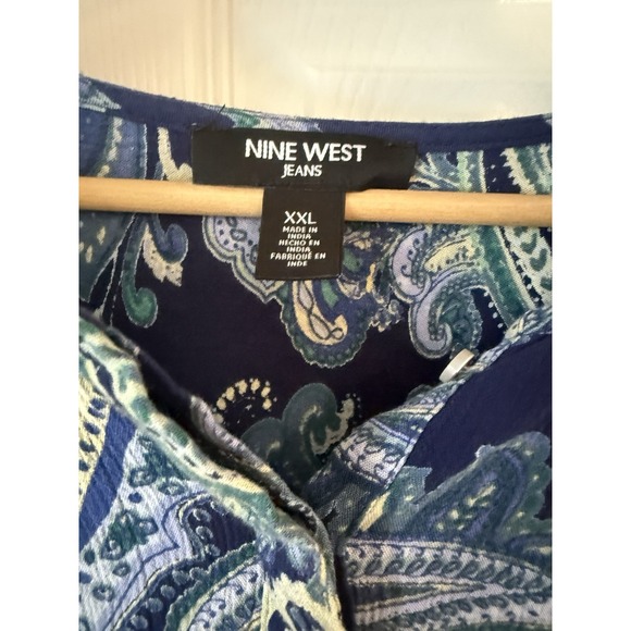 Nine West XL Top Navy/Yellow Paisley Round Neck 3/4 Sleeve Partial Button Front - Picture 5 of 16